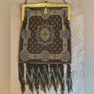 Antique French Steel Cut Metallic Micro Beaded Fringed Purse Early 1900 France￼